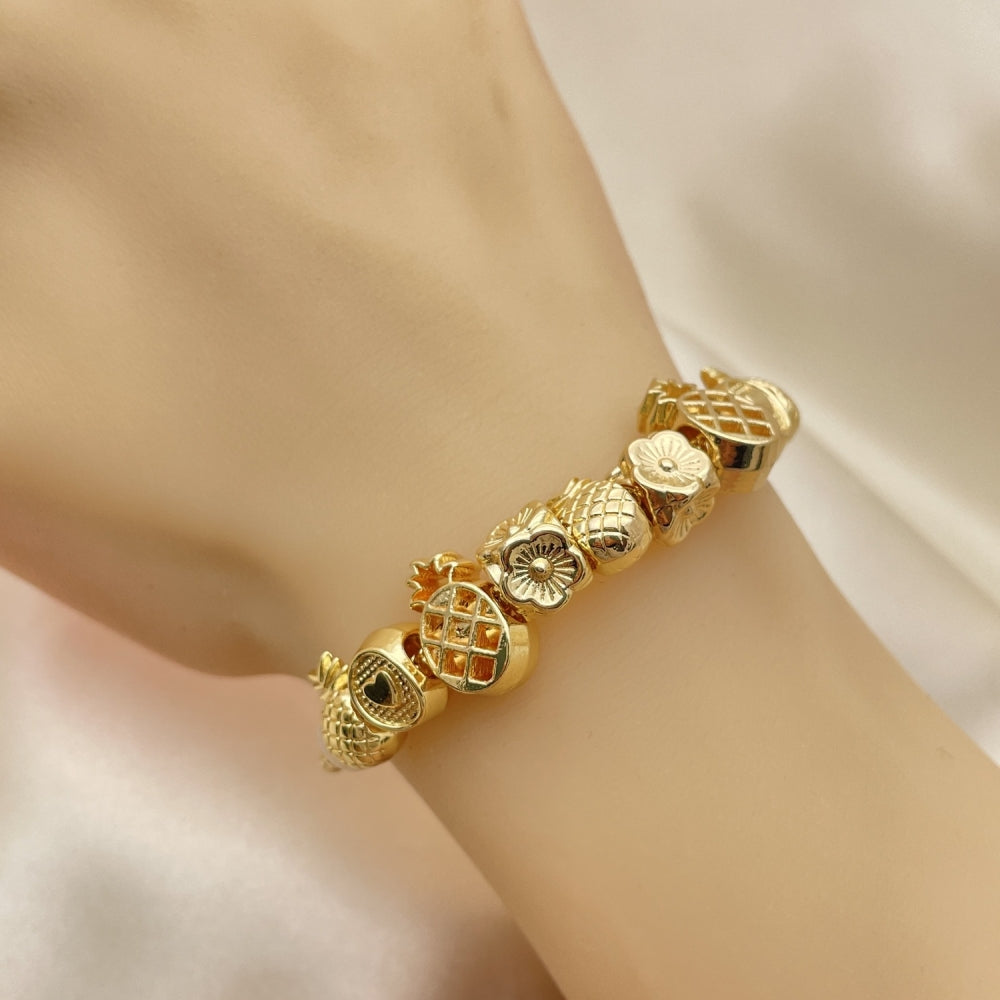 Oro Laminado Fancy Bracelet, Gold Filled Style Pineapple and Flower Design, Polished, Golden Finish