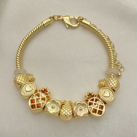 Oro Laminado Fancy Bracelet, Gold Filled Style Pineapple and Flower Design, Polished, Golden Finish