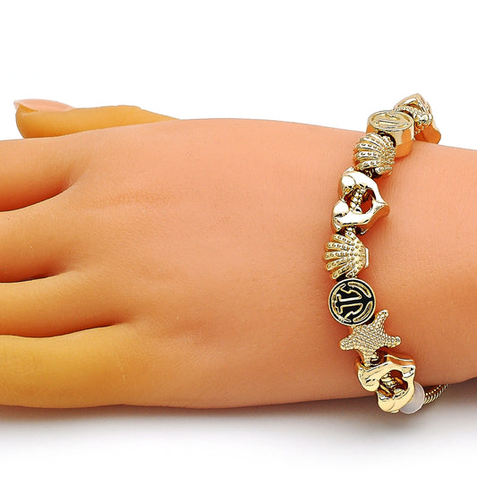 Oro Laminado Fancy Bracelet, Gold Filled Style Dolphin and Shell Design, Polished, Golden Finish