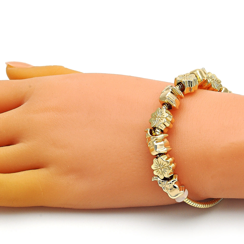 Oro Laminado Fancy Bracelet, Gold Filled Style Elephant and Four-leaf Clover Design, Polished, Golden Finish