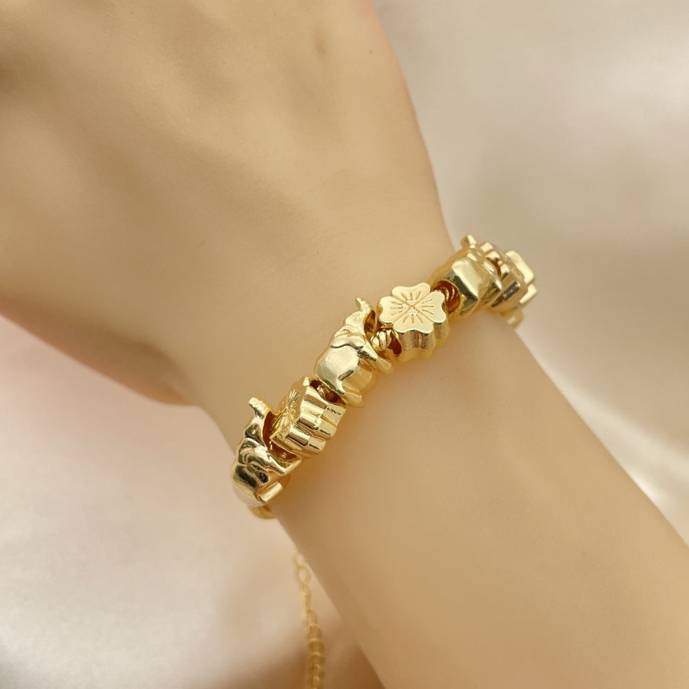 Oro Laminado Fancy Bracelet, Gold Filled Style Elephant and Four-leaf Clover Design, Polished, Golden Finish
