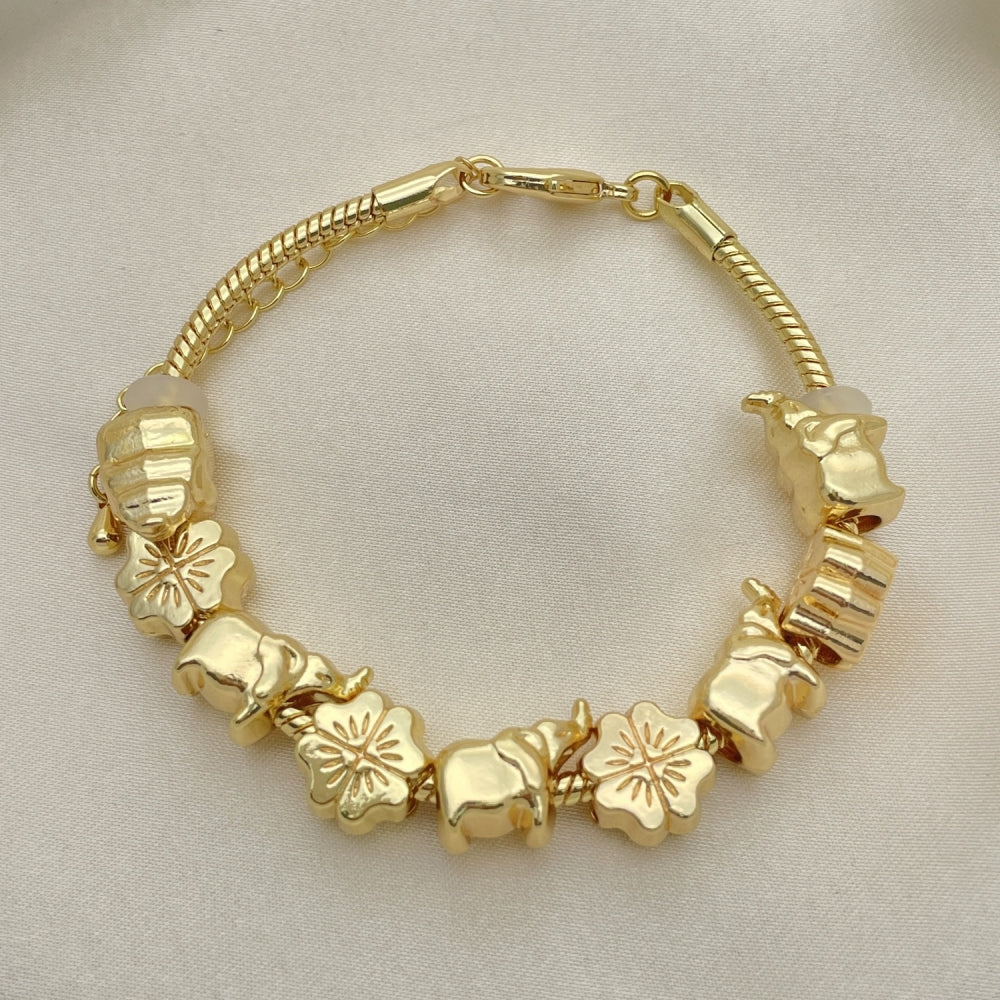 Oro Laminado Fancy Bracelet, Gold Filled Style Elephant and Four-leaf Clover Design, Polished, Golden Finish
