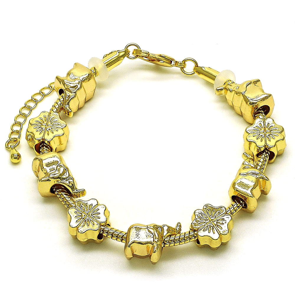 Oro Laminado Fancy Bracelet, Gold Filled Style Elephant and Four-leaf Clover Design, Polished, Golden Finish