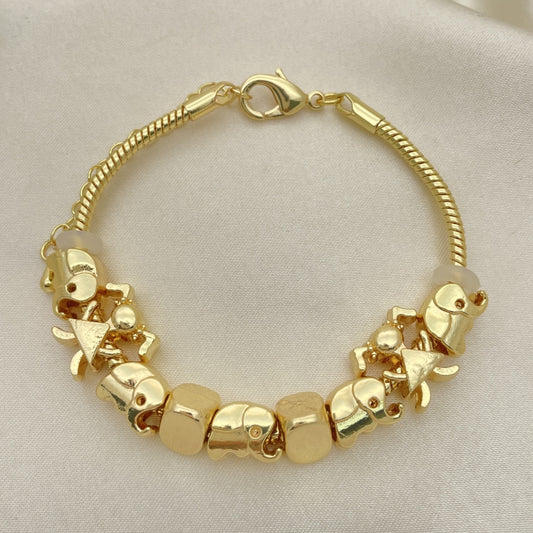 Oro Laminado Fancy Bracelet, Gold Filled Style Elephant and Little Girl Design, Polished, Golden Finish