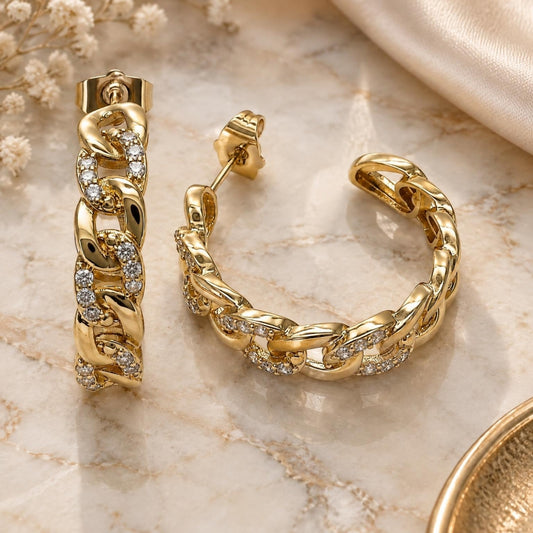 Oro Laminado Medium Hoop, Gold Filled Style Pave Cuban Design, Polished, Golden Finish