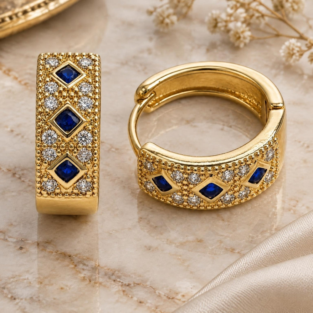 Oro Laminado Huggie Hoop, Gold Filled Style with Sapphire Blue Cubic Zirconia and White Micro Pave, Polished, Golden Finish