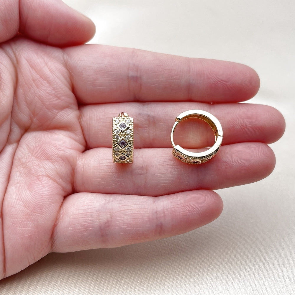 Oro Laminado Huggie Hoop, Gold Filled Style with Amethyst Cubic Zirconia and White Micro Pave, Polished, Golden Finish