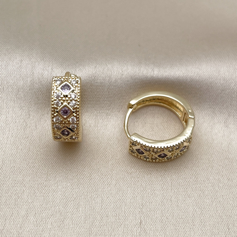 Oro Laminado Huggie Hoop, Gold Filled Style with Amethyst Cubic Zirconia and White Micro Pave, Polished, Golden Finish