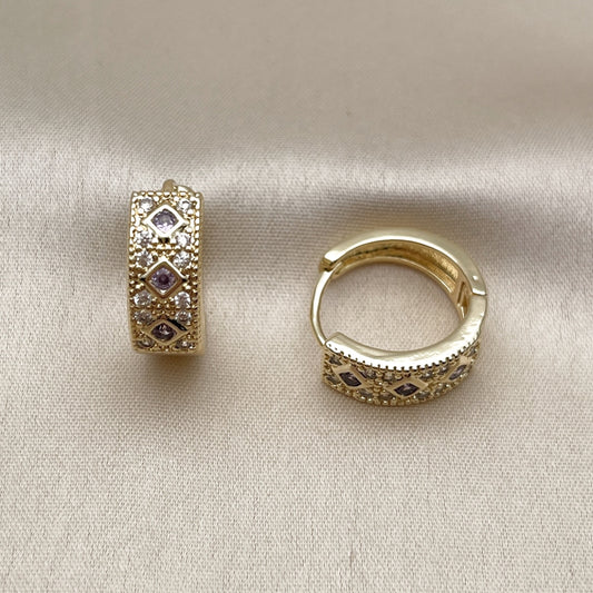 Oro Laminado Huggie Hoop, Gold Filled Style with Amethyst Cubic Zirconia and White Micro Pave, Polished, Golden Finish