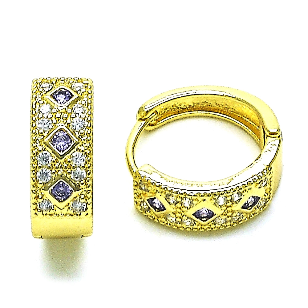 Oro Laminado Huggie Hoop, Gold Filled Style with Amethyst Cubic Zirconia and White Micro Pave, Polished, Golden Finish