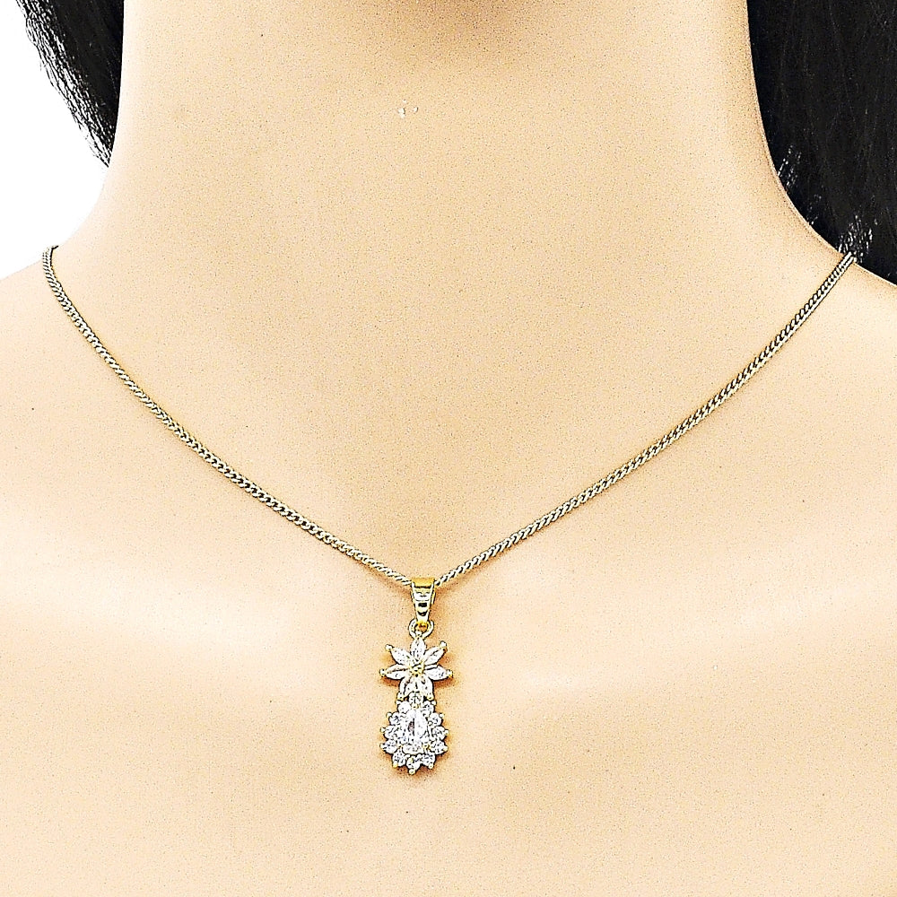 Oro Laminado Earring and Pendant Adult Set, Gold Filled Style Flower and Teardrop Design, with White Cubic Zirconia, Polished, Golden Finish