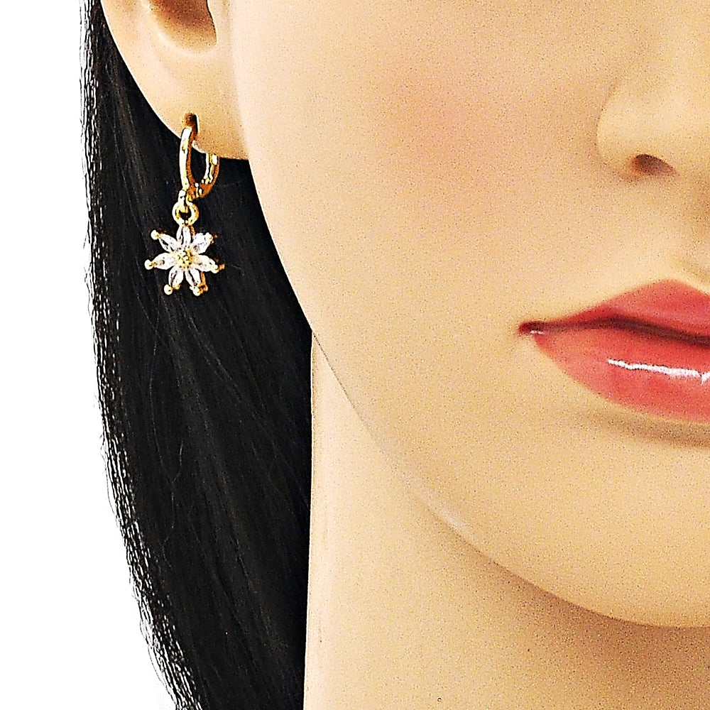 Oro Laminado Earring and Pendant Adult Set, Gold Filled Style Flower and Teardrop Design, with White Cubic Zirconia, Polished, Golden Finish