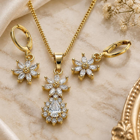 Oro Laminado Earring and Pendant Adult Set, Gold Filled Style Flower and Teardrop Design, with White Cubic Zirconia, Polished, Golden Finish