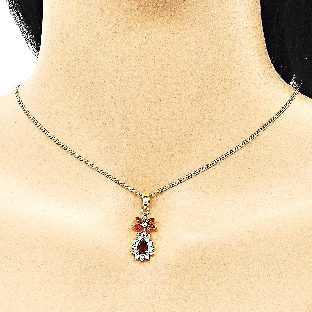 Oro Laminado Earring and Pendant Adult Set, Gold Filled Style Flower and Teardrop Design, with Garnet and White Cubic Zirconia, Polished, Golden Finish