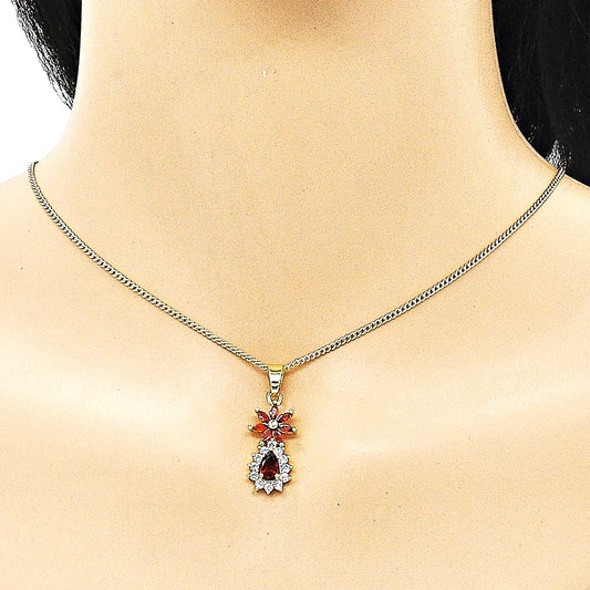 Oro Laminado Earring and Pendant Adult Set, Gold Filled Style Flower and Teardrop Design, with Garnet and White Cubic Zirconia, Polished, Golden Finish