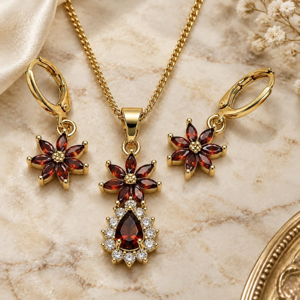 Oro Laminado Earring and Pendant Adult Set, Gold Filled Style Flower and Teardrop Design, with Garnet and White Cubic Zirconia, Polished, Golden Finish