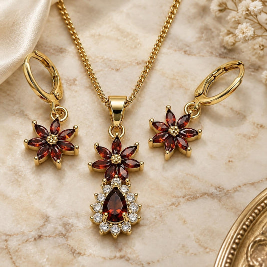 Oro Laminado Earring and Pendant Adult Set, Gold Filled Style Flower and Teardrop Design, with Garnet and White Cubic Zirconia, Polished, Golden Finish