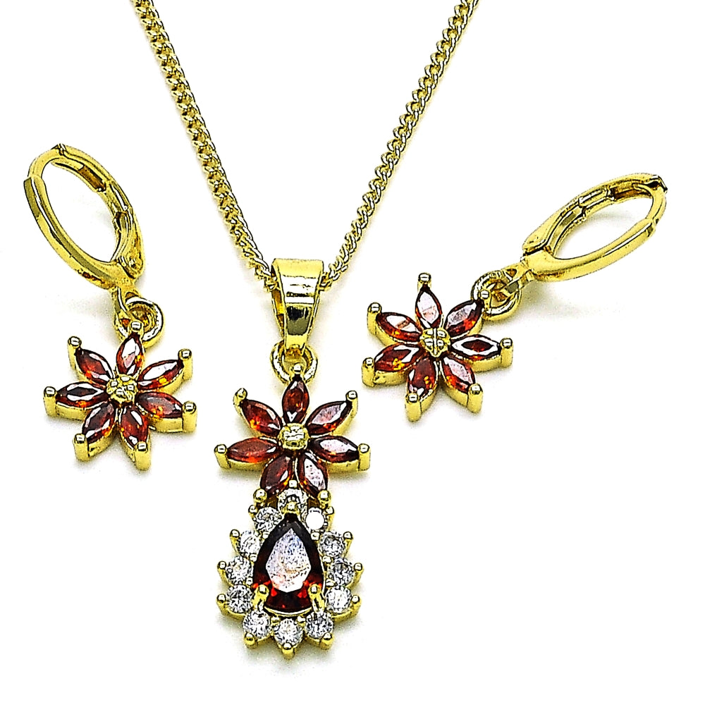 Oro Laminado Earring and Pendant Adult Set, Gold Filled Style Flower and Teardrop Design, with Garnet and White Cubic Zirconia, Polished, Golden Finish