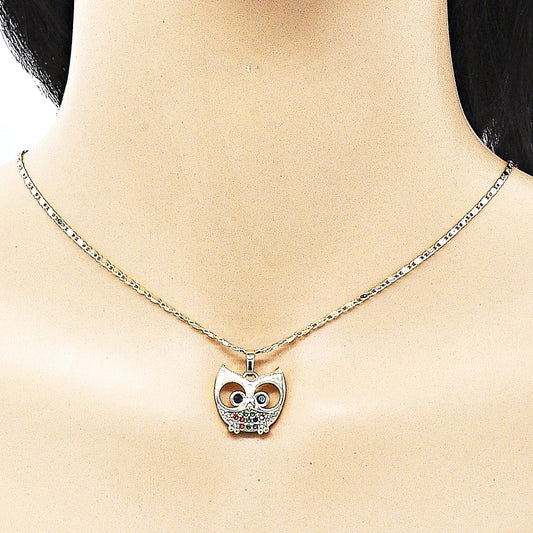 Oro Laminado Earring and Pendant Adult Set, Gold Filled Style Owl Design, with Multicolor Micro Pave and Black Cubic Zirconia, Polished, Golden Finish