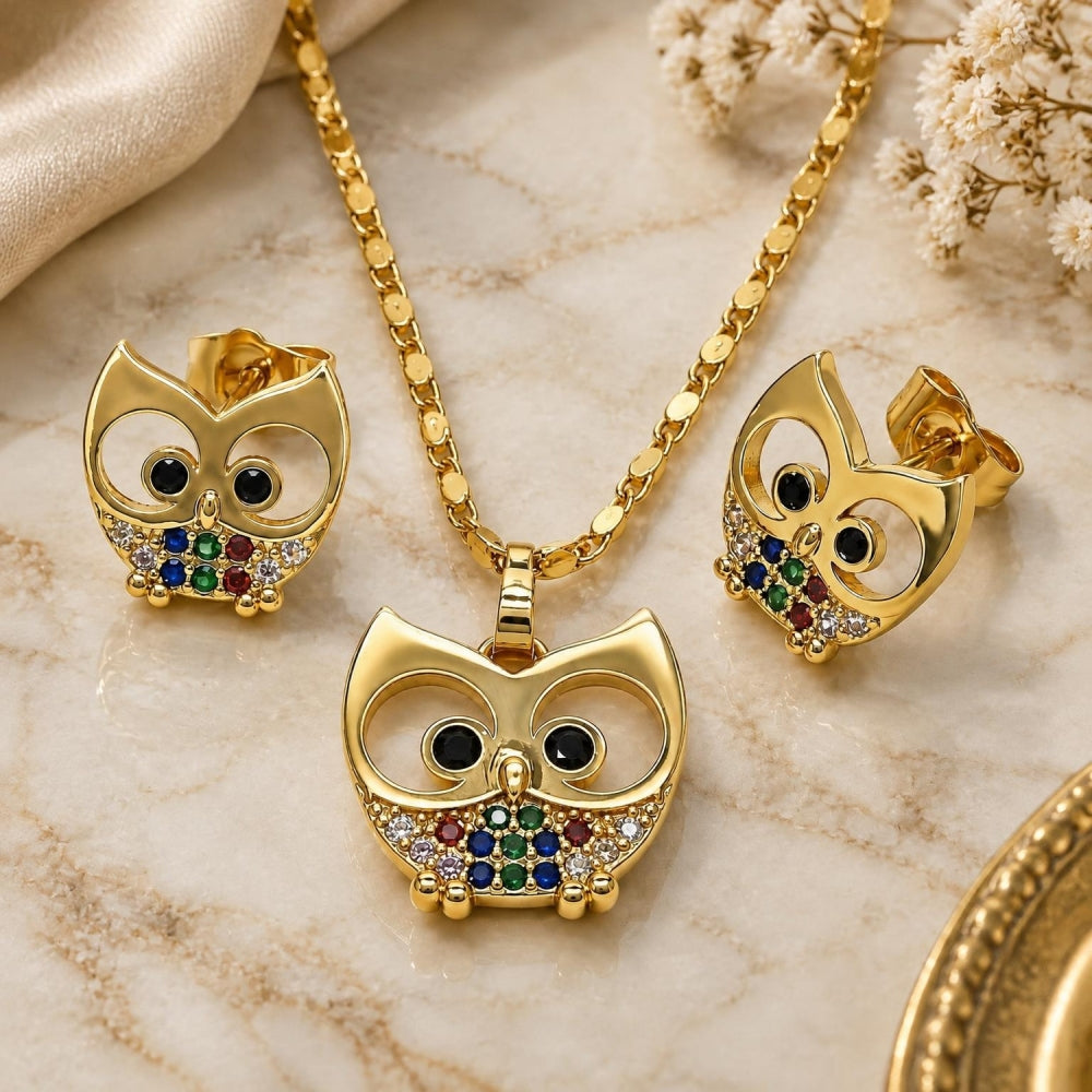 Oro Laminado Earring and Pendant Adult Set, Gold Filled Style Owl Design, with Multicolor Micro Pave and Black Cubic Zirconia, Polished, Golden Finish