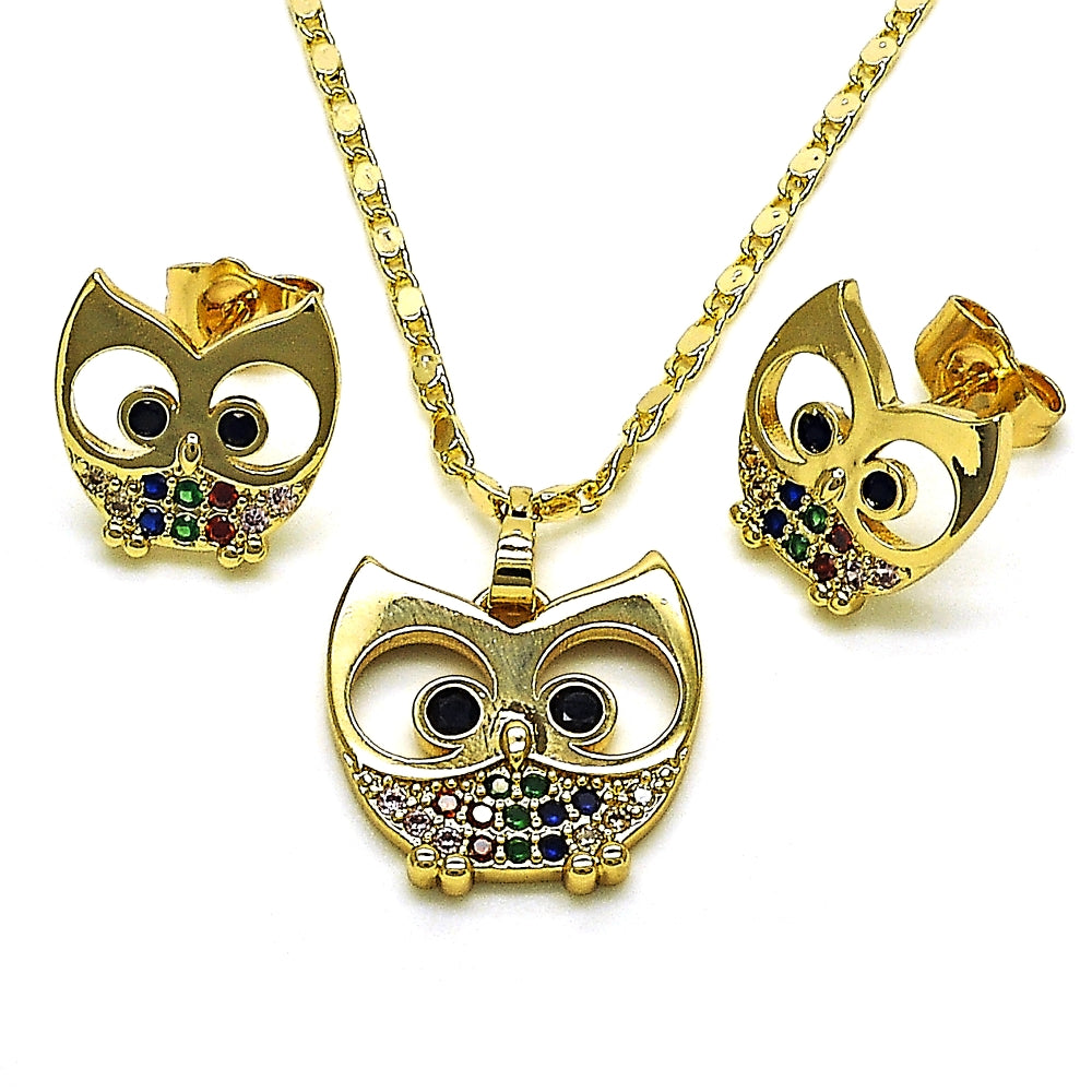 Oro Laminado Earring and Pendant Adult Set, Gold Filled Style Owl Design, with Multicolor Micro Pave and Black Cubic Zirconia, Polished, Golden Finish
