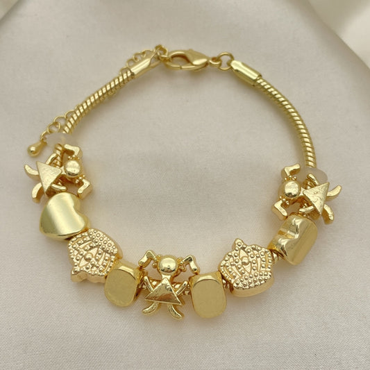 Oro Laminado Fancy Bracelet, Gold Filled Style Little Girl and Crown Design, Polished, Golden Finish