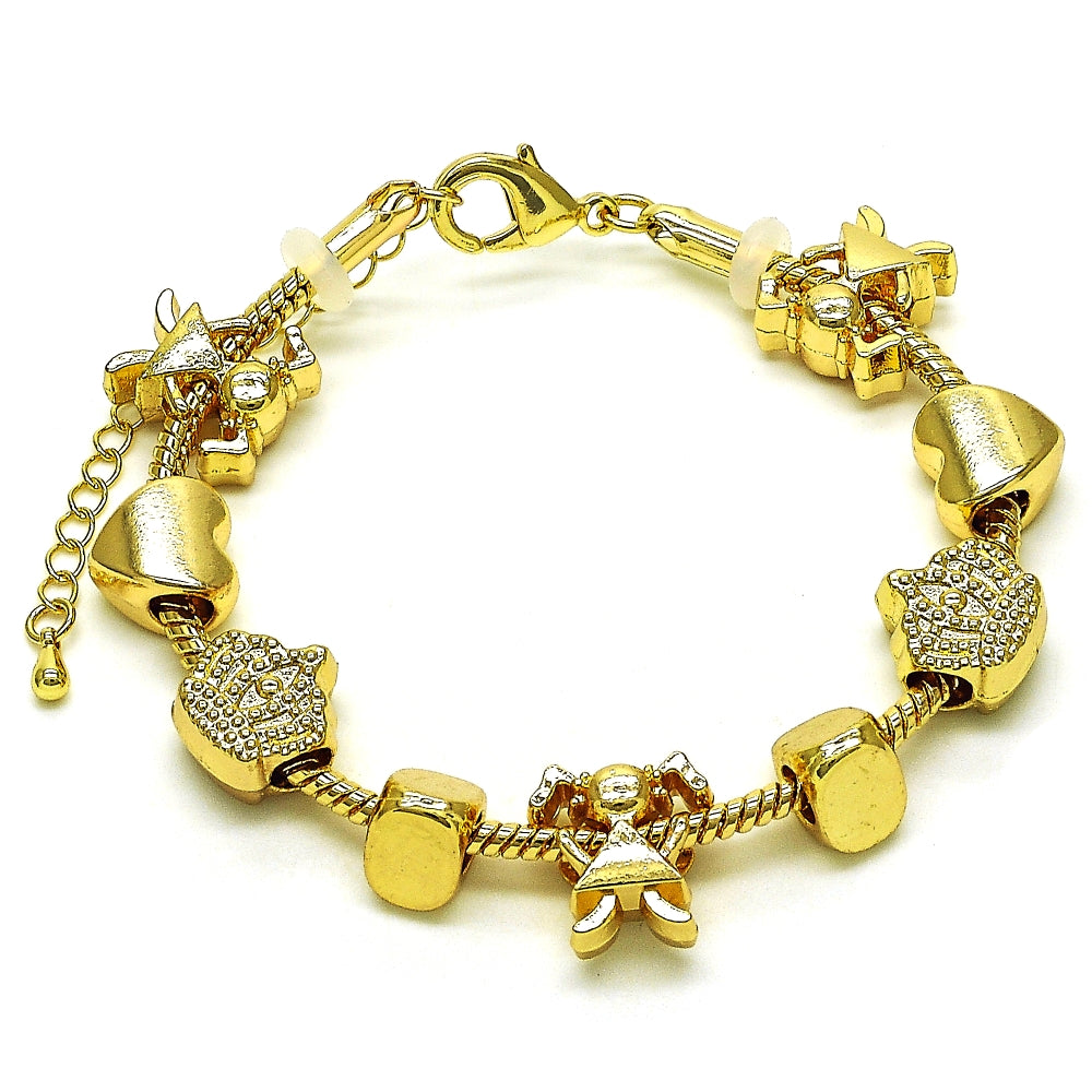 Oro Laminado Fancy Bracelet, Gold Filled Style Little Girl and Crown Design, Polished, Golden Finish
