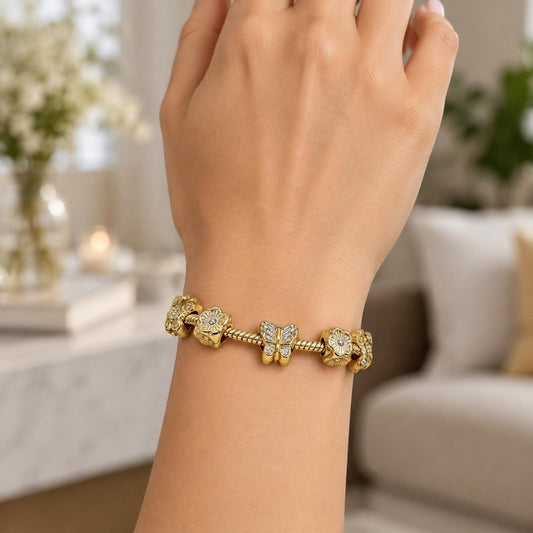 Oro Laminado Fancy Bracelet, Gold Filled Style Butterfly and Flower Design, Polished, Golden Finish
