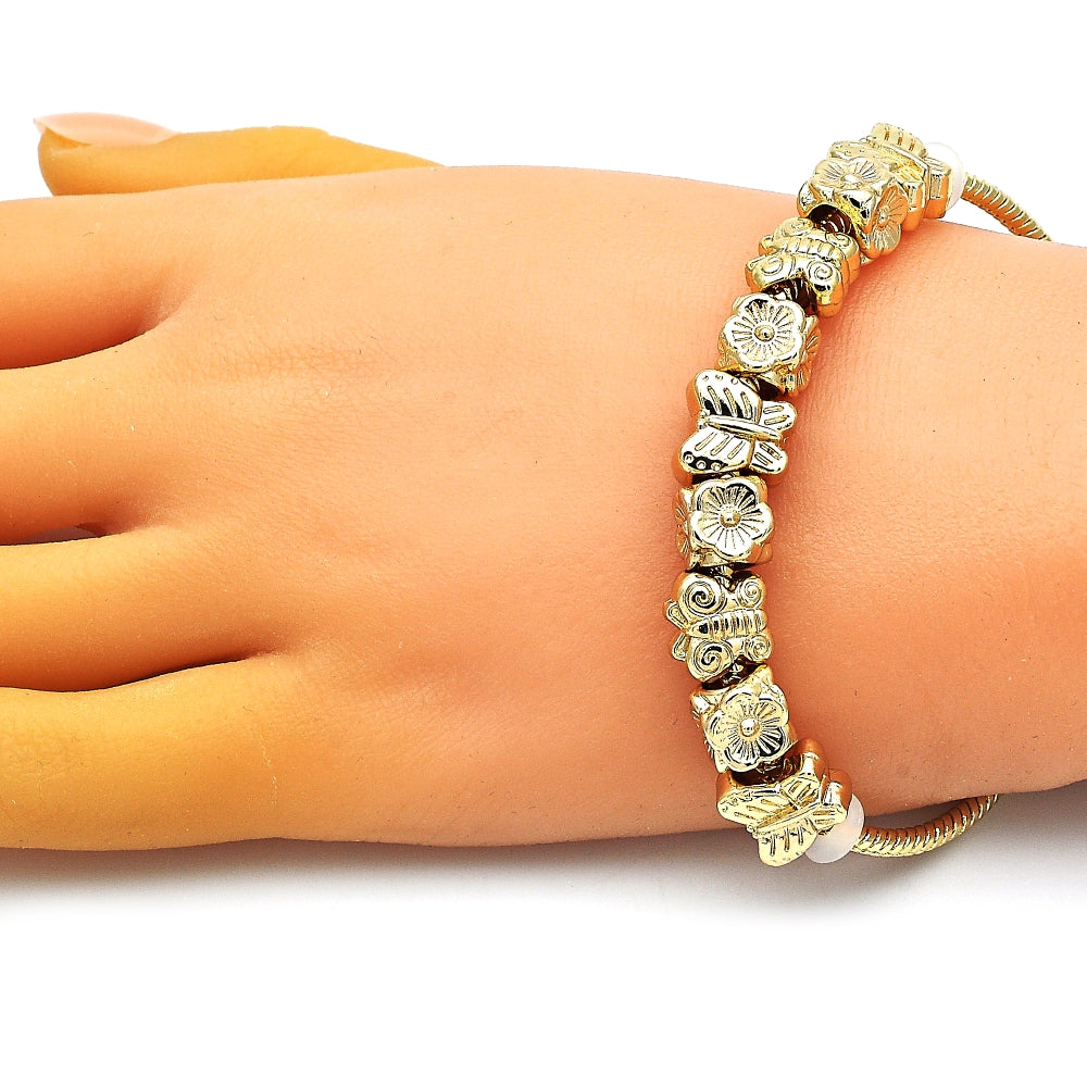 Oro Laminado Fancy Bracelet, Gold Filled Style Butterfly and Flower Design, Polished, Golden Finish