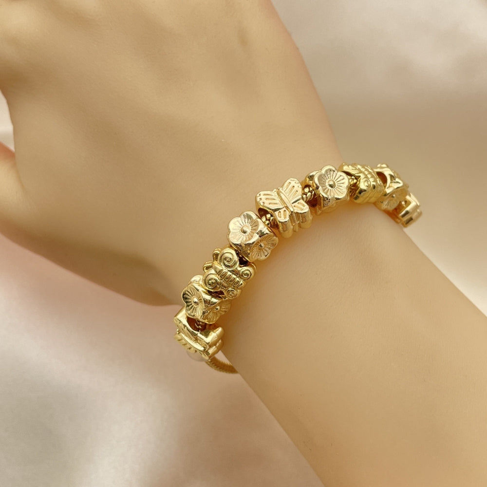 Oro Laminado Fancy Bracelet, Gold Filled Style Butterfly and Flower Design, Polished, Golden Finish