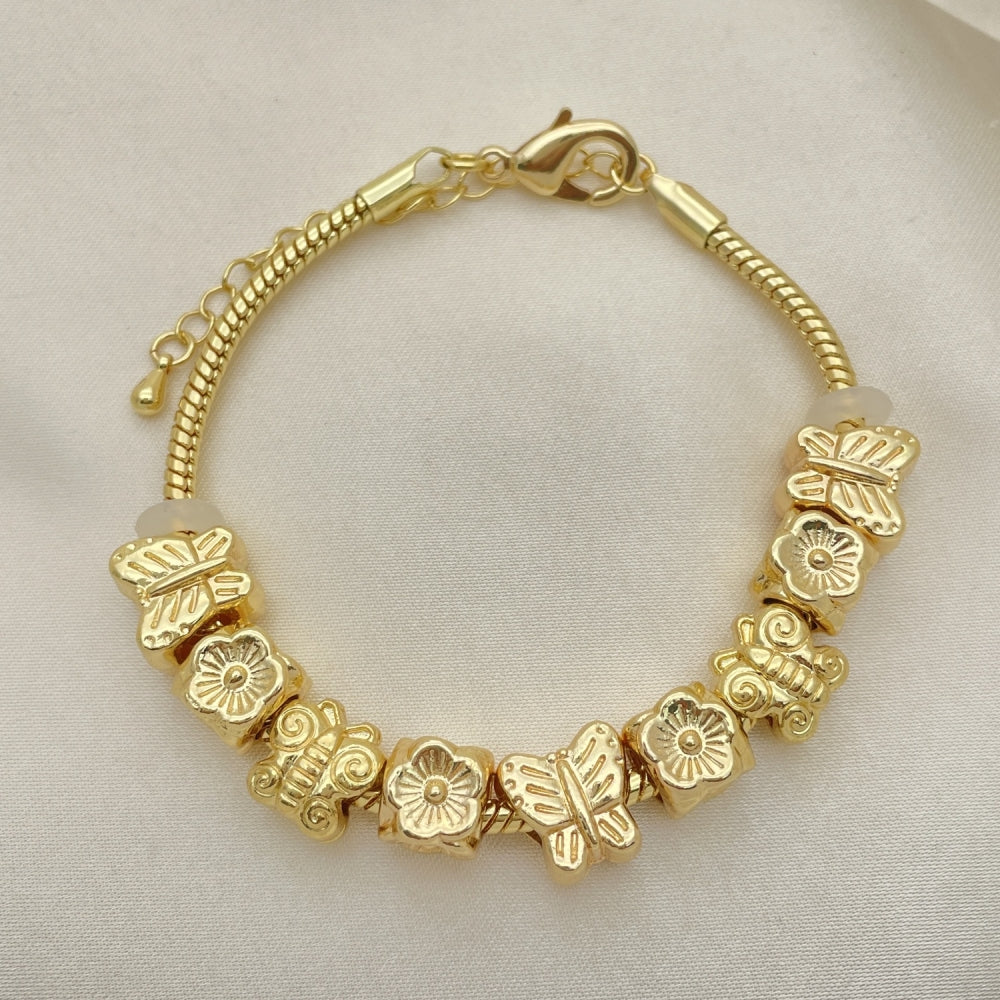 Oro Laminado Fancy Bracelet, Gold Filled Style Butterfly and Flower Design, Polished, Golden Finish