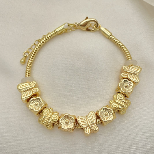Oro Laminado Fancy Bracelet, Gold Filled Style Butterfly and Flower Design, Polished, Golden Finish