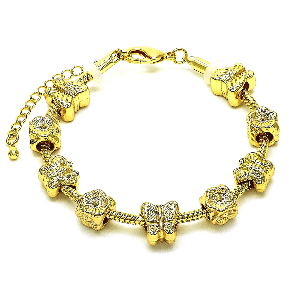 Oro Laminado Fancy Bracelet, Gold Filled Style Butterfly and Flower Design, Polished, Golden Finish