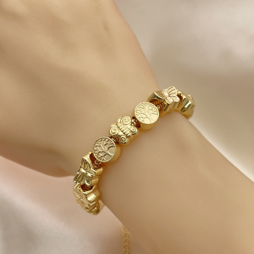 Oro Laminado Fancy Bracelet, Gold Filled Style Butterfly and Tree Design, Polished, Golden Finish