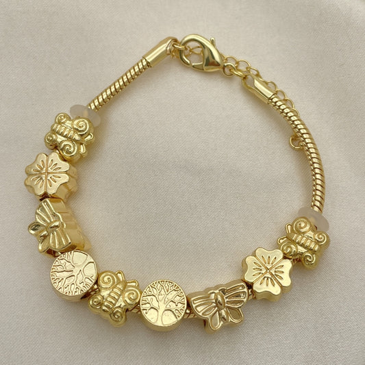 Oro Laminado Fancy Bracelet, Gold Filled Style Butterfly and Tree Design, Polished, Golden Finish