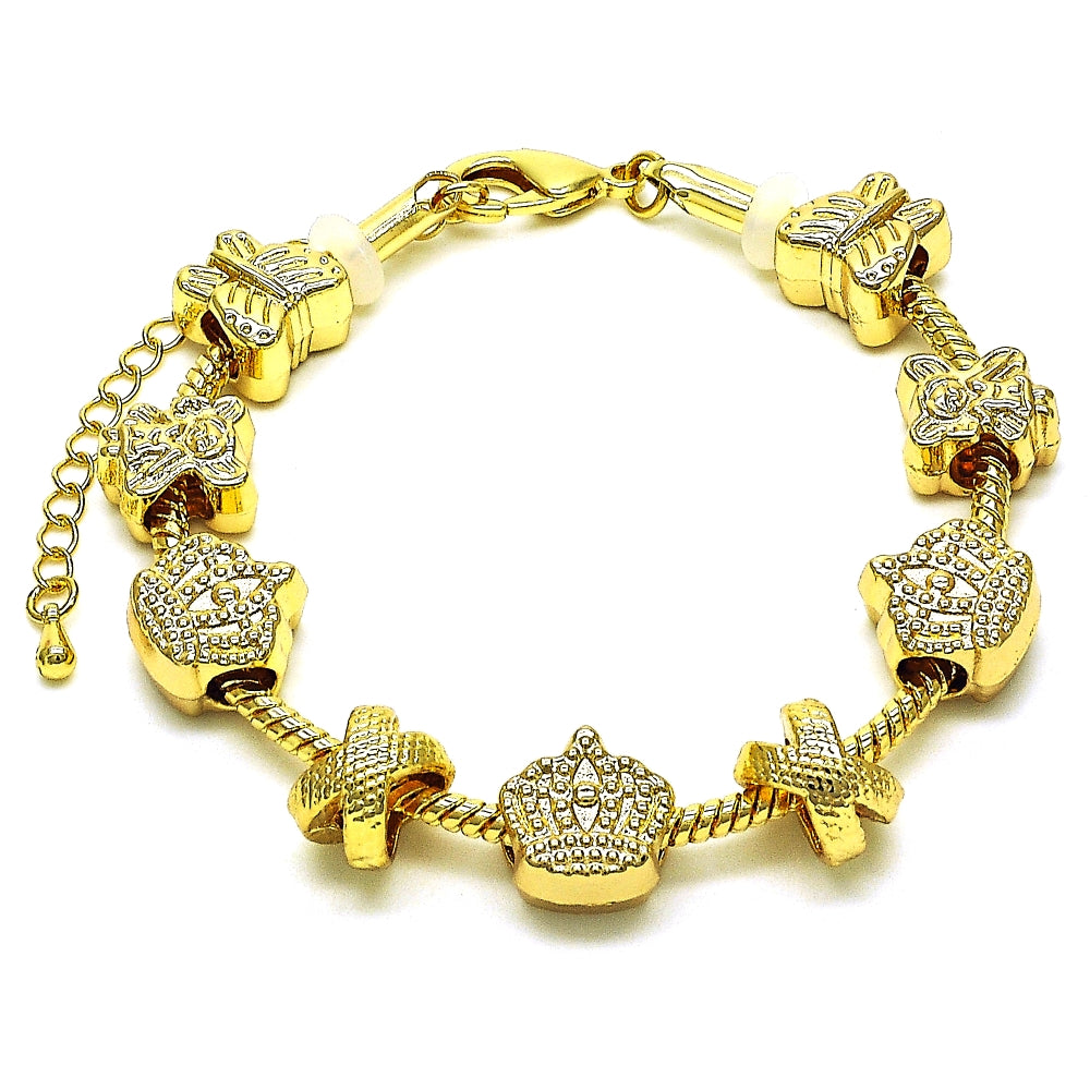 Oro Laminado Fancy Bracelet, Gold Filled Style Crown and Little Girl Design, Polished, Golden Finish