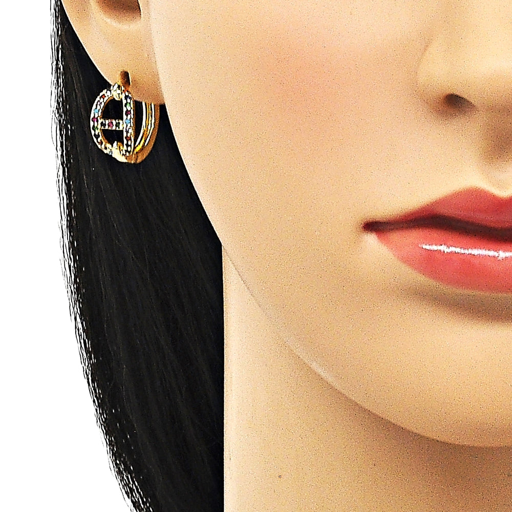 Oro Laminado Huggie Hoop, Gold Filled Style Puff Mariner Design, with Multicolor Micro Pave, Polished, Golden Finish