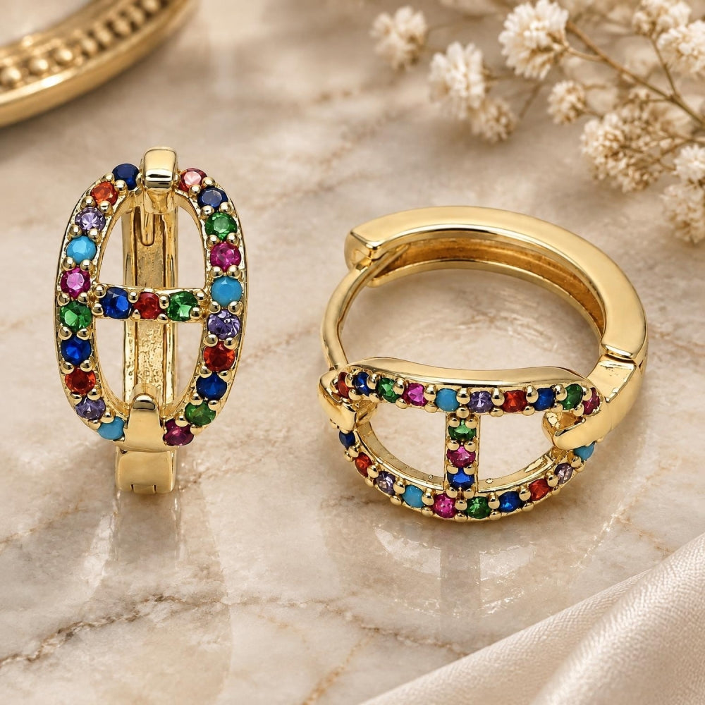 Oro Laminado Huggie Hoop, Gold Filled Style Puff Mariner Design, with Multicolor Micro Pave, Polished, Golden Finish
