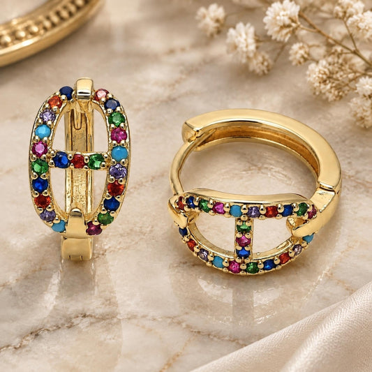 Oro Laminado Huggie Hoop, Gold Filled Style Puff Mariner Design, with Multicolor Micro Pave, Polished, Golden Finish
