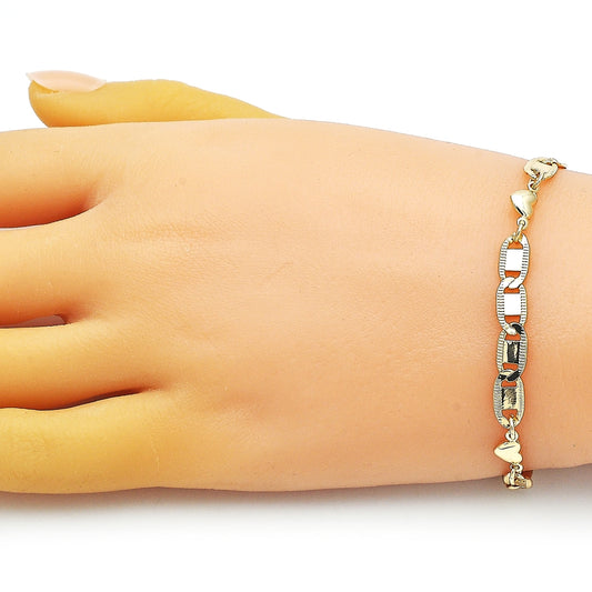 Oro Laminado Fancy Bracelet, Gold Filled Style Heart and Mariner Design, Polished, Golden Finish