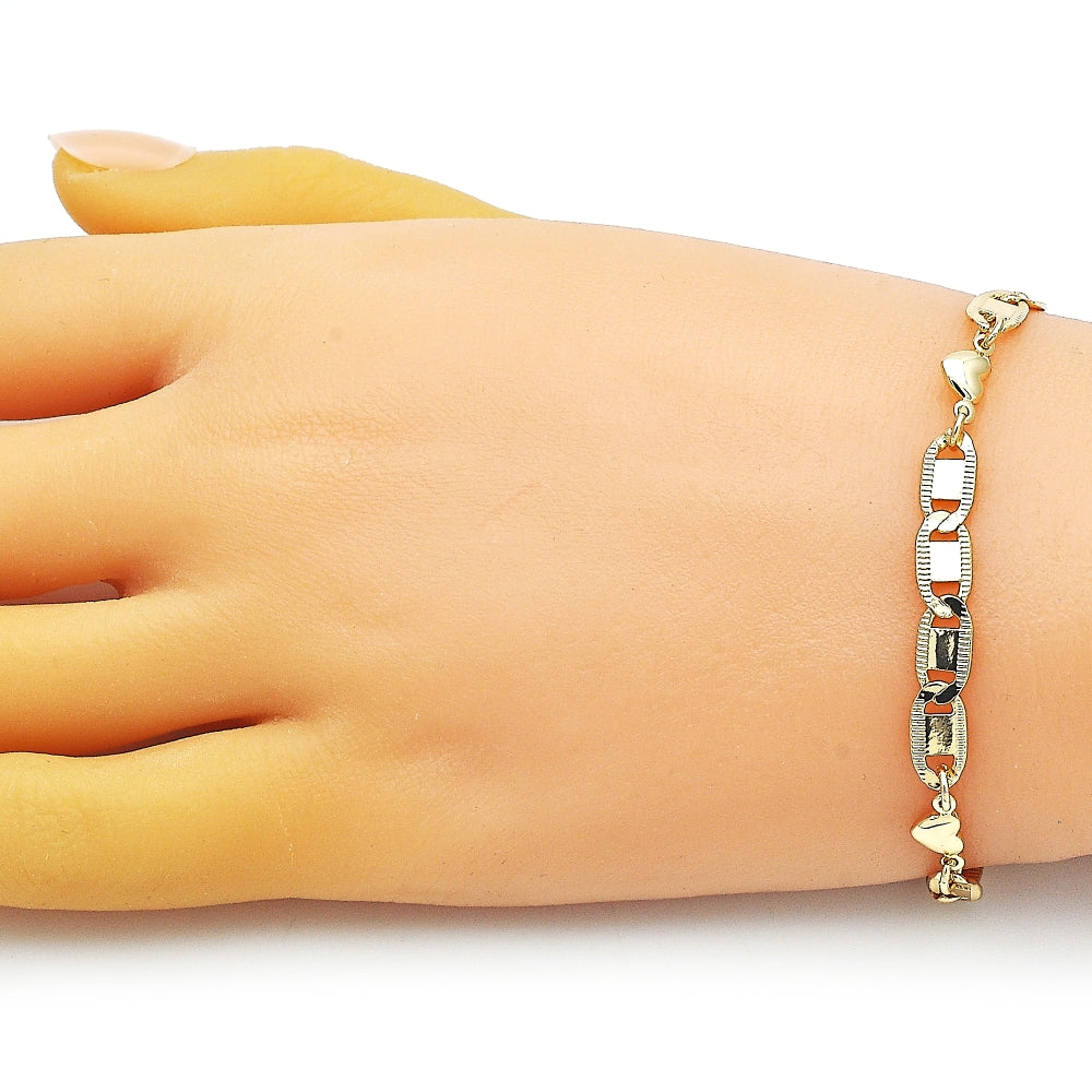 Oro Laminado Fancy Bracelet, Gold Filled Style Heart and Mariner Design, Polished, Golden Finish