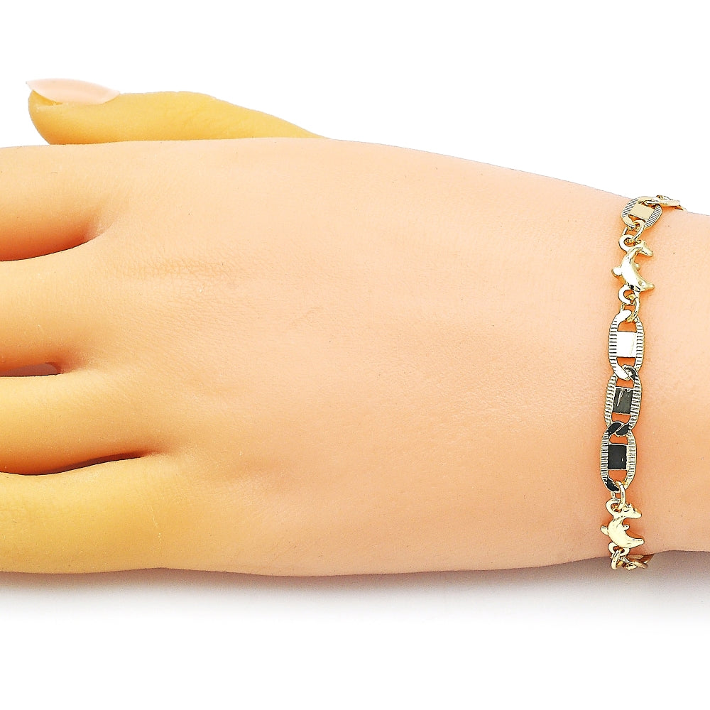 Oro Laminado Fancy Bracelet, Gold Filled Style Dolphin and Mariner Design, Polished, Golden Finish