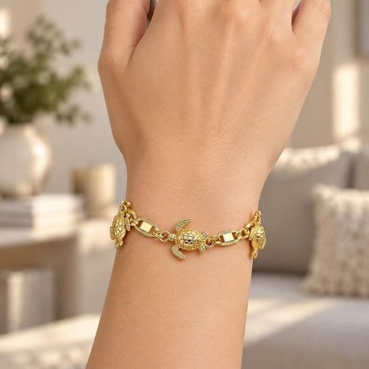 Oro Laminado Fancy Bracelet, Gold Filled Style Turtle and Mariner Design, Polished, Golden Finish