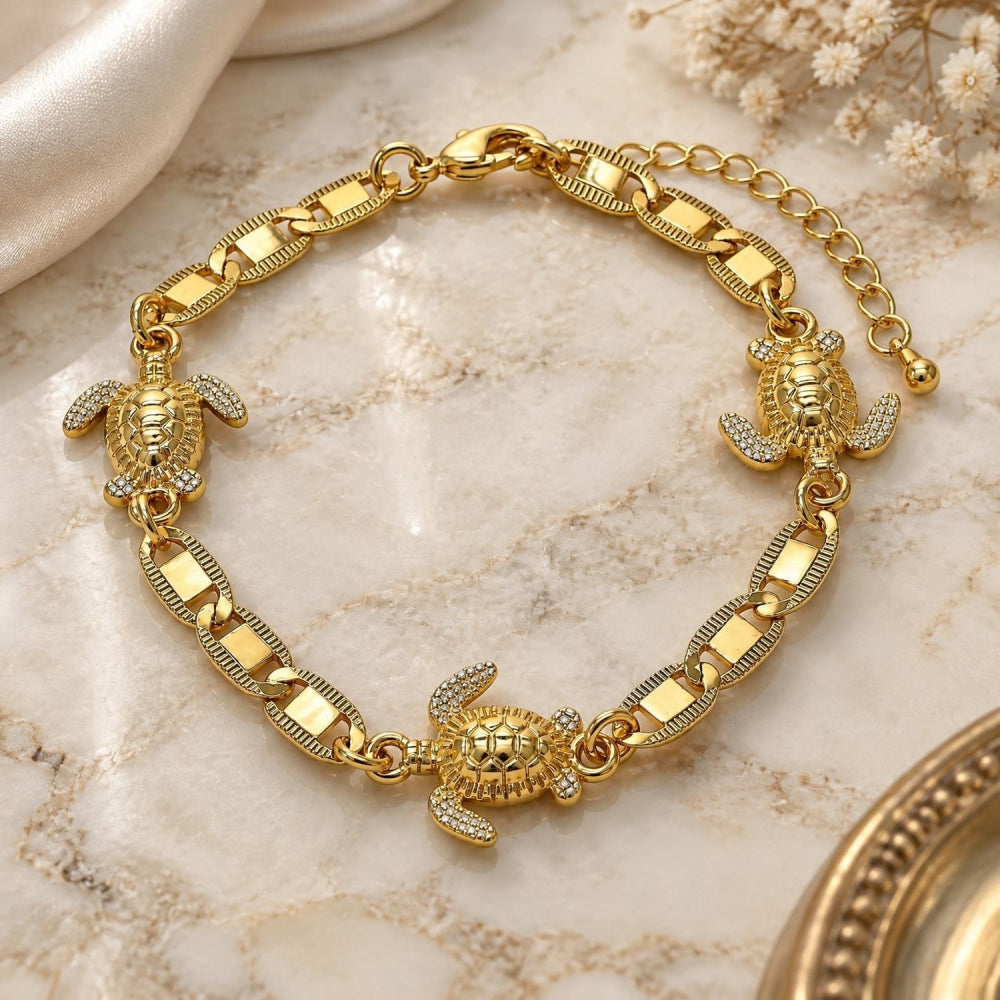 Oro Laminado Fancy Bracelet, Gold Filled Style Turtle and Mariner Design, Polished, Golden Finish