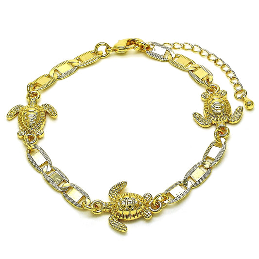 Oro Laminado Fancy Bracelet, Gold Filled Style Turtle and Mariner Design, Polished, Golden Finish
