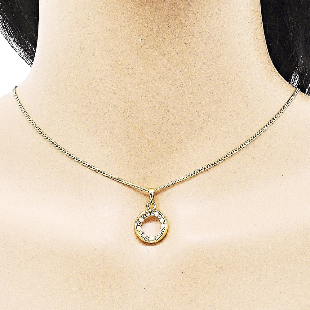 Oro Laminado Earring and Pendant Adult Set, Gold Filled Style with White Crystal and Ivory Pearl, Polished, Golden Finish