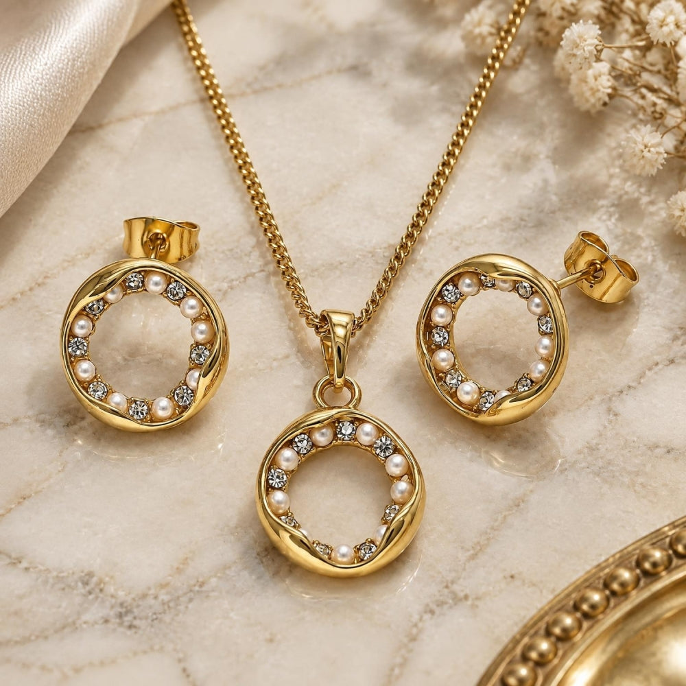 Oro Laminado Earring and Pendant Adult Set, Gold Filled Style with White Crystal and Ivory Pearl, Polished, Golden Finish