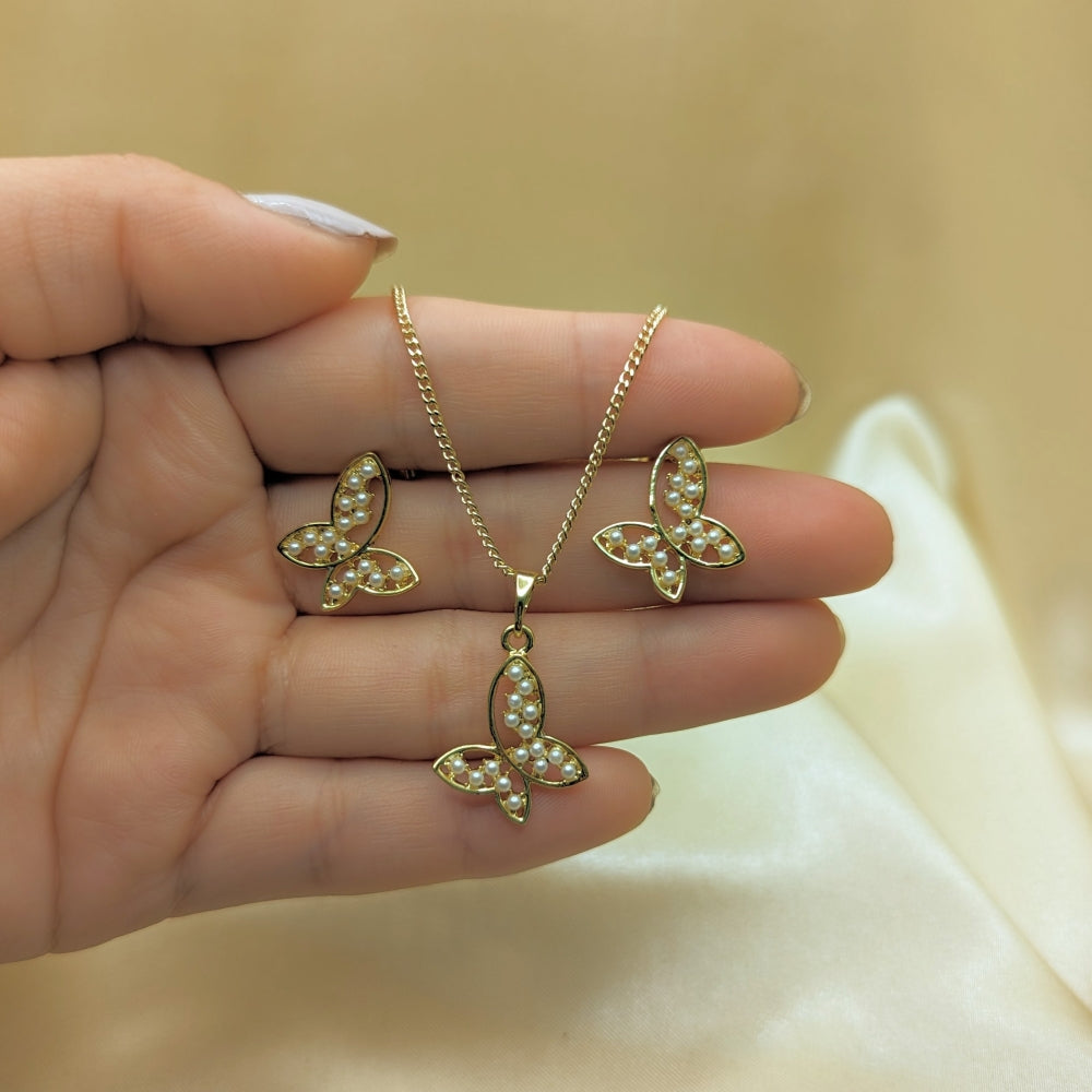 Oro Laminado Earring and Pendant Adult Set, Gold Filled Style Butterfly Design, with Ivory Pearl, Polished, Golden Finish