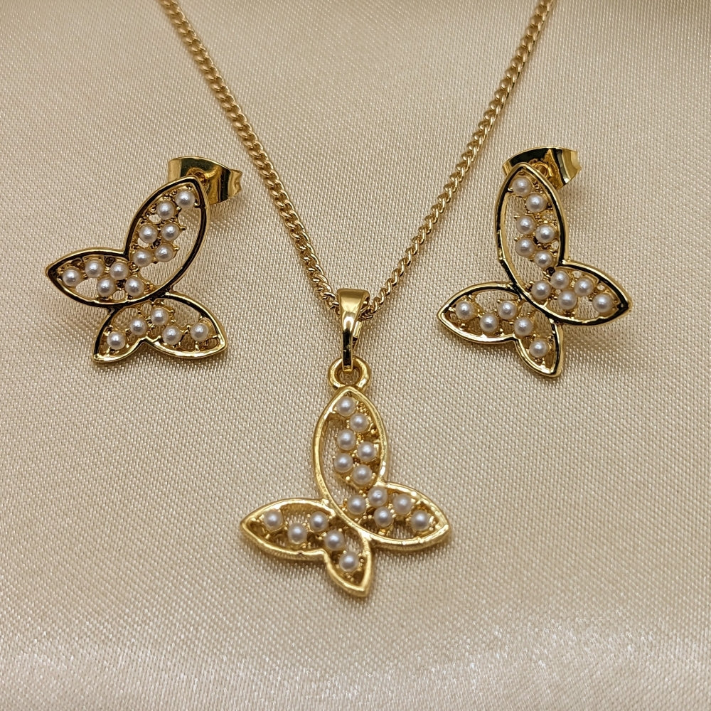 Oro Laminado Earring and Pendant Adult Set, Gold Filled Style Butterfly Design, with Ivory Pearl, Polished, Golden Finish