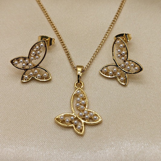 Oro Laminado Earring and Pendant Adult Set, Gold Filled Style Butterfly Design, with Ivory Pearl, Polished, Golden Finish